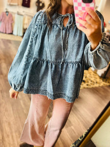 Denim Baby Doll W/Balloon Sleeve Top