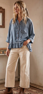 Load image into Gallery viewer, Sewn &amp; Seen ~ Mineral Washed Tencel Ruffle Hem Shirt
