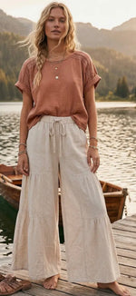 Load image into Gallery viewer, Sewn and Seen ~ Linen Blend Tiered Wide Leg Palazzo
Full Length Pant (Black, Natural or Red)
