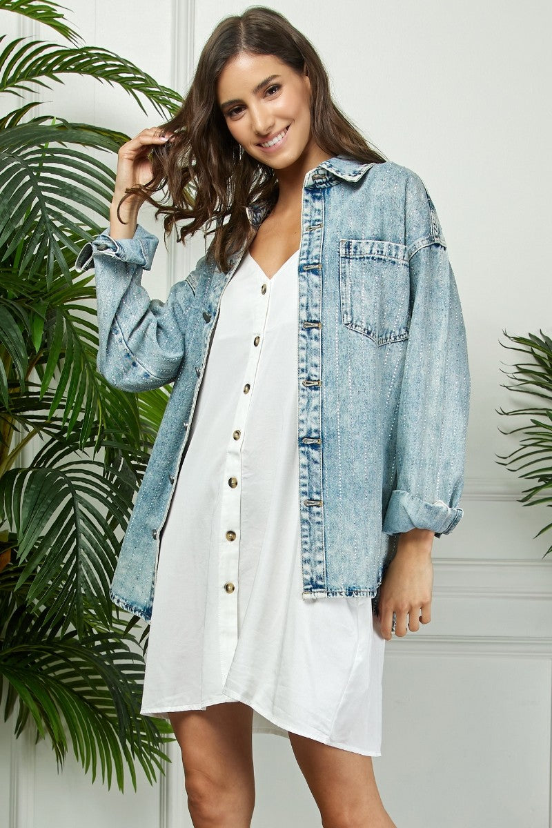 Rhinestone Washed Denim Jacket