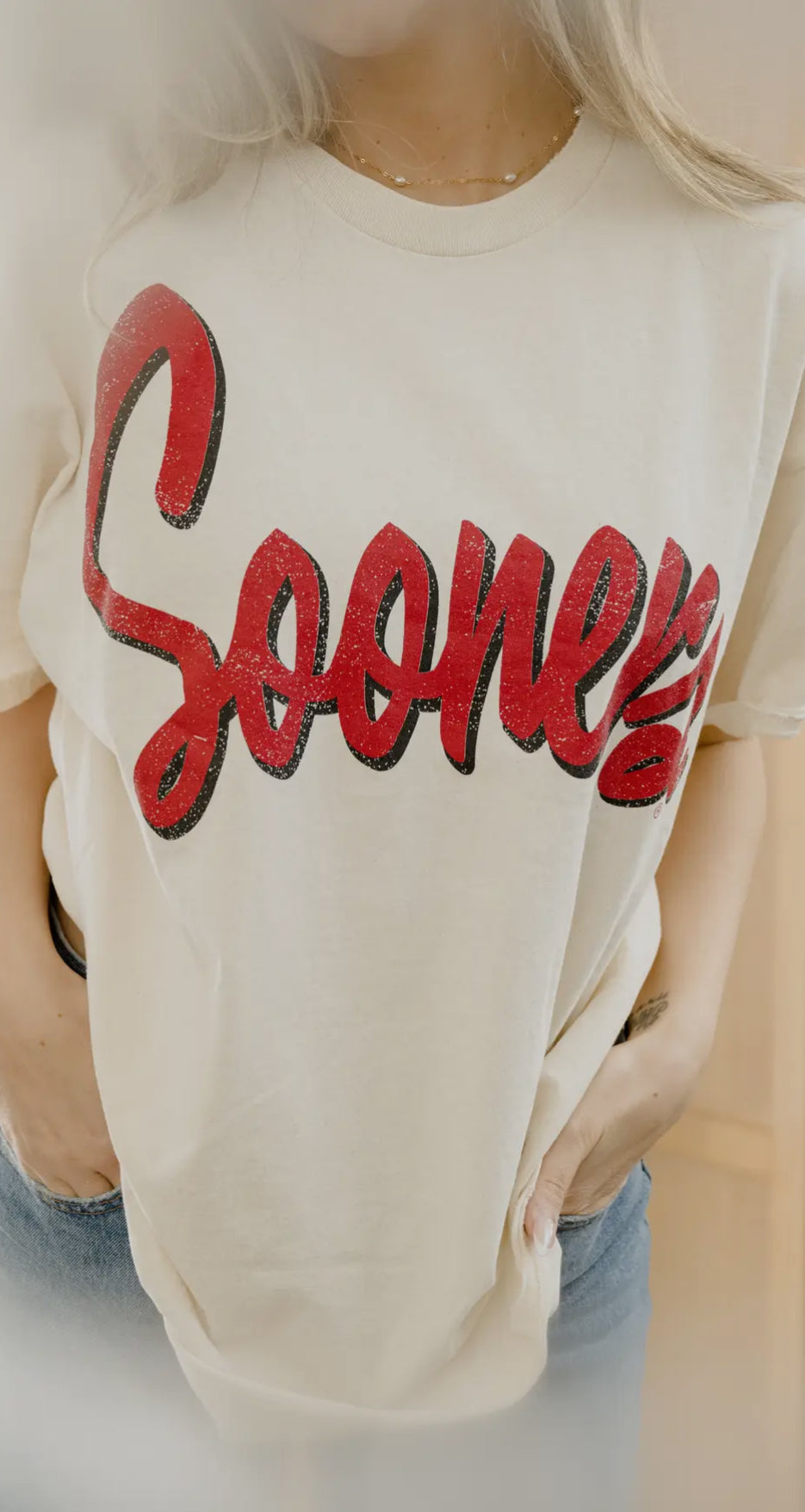 LIVYLU~ Ou Oklahoma Sooners Barbie Off White Thrifted Tee *Licensed