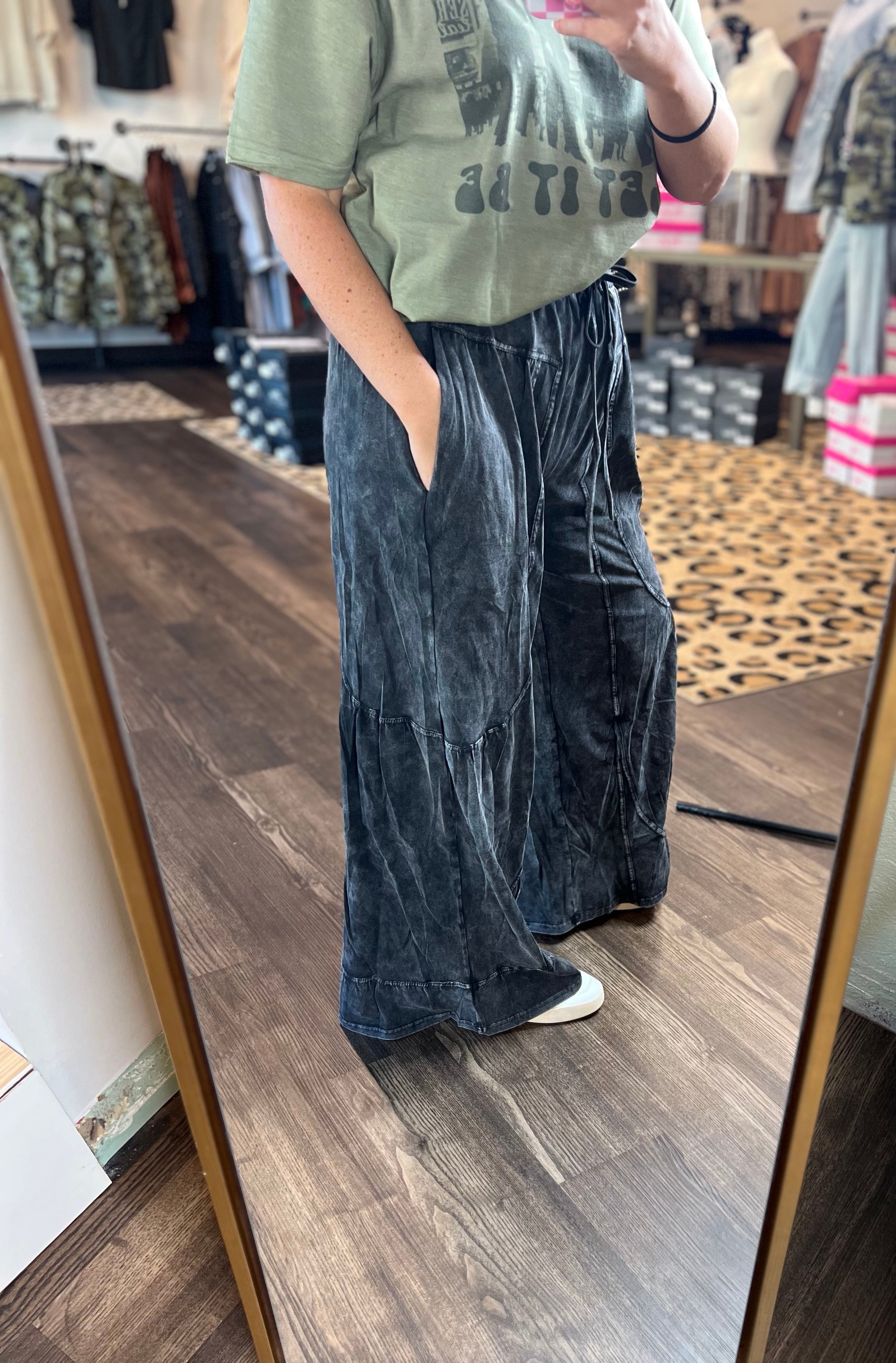 Mineral Washed Tiered Wide Leg Pants