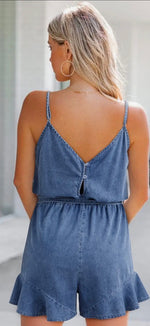 Load image into Gallery viewer, Babs + Birdie ~ Allison | V Neck Belted Ruffled Leg
Chambray Romper
