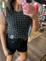 Load image into Gallery viewer, Rhinestone and Pearl Studded Short Sleeve Mesh
