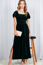 Load image into Gallery viewer, PUFF SHORT SLEEVE SMOCKED VELVET DRESS
