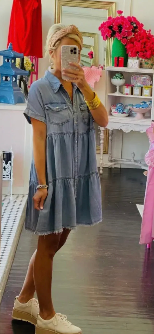Tiered Denim Dress with Pearl Snap Button Front