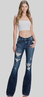 Load image into Gallery viewer, Petra Distressed Mid Rise Stretch Petite Bootcut Denim
