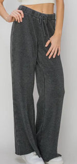 Load image into Gallery viewer, Hyfve Mid Rise Butter Soft Drawstring Flared Pant Black or Gray Blue
