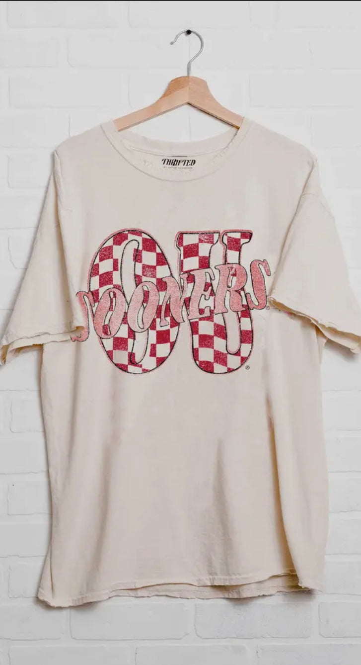 OU Twisted Check Crimson & Cream Oversized Tee *Licensed