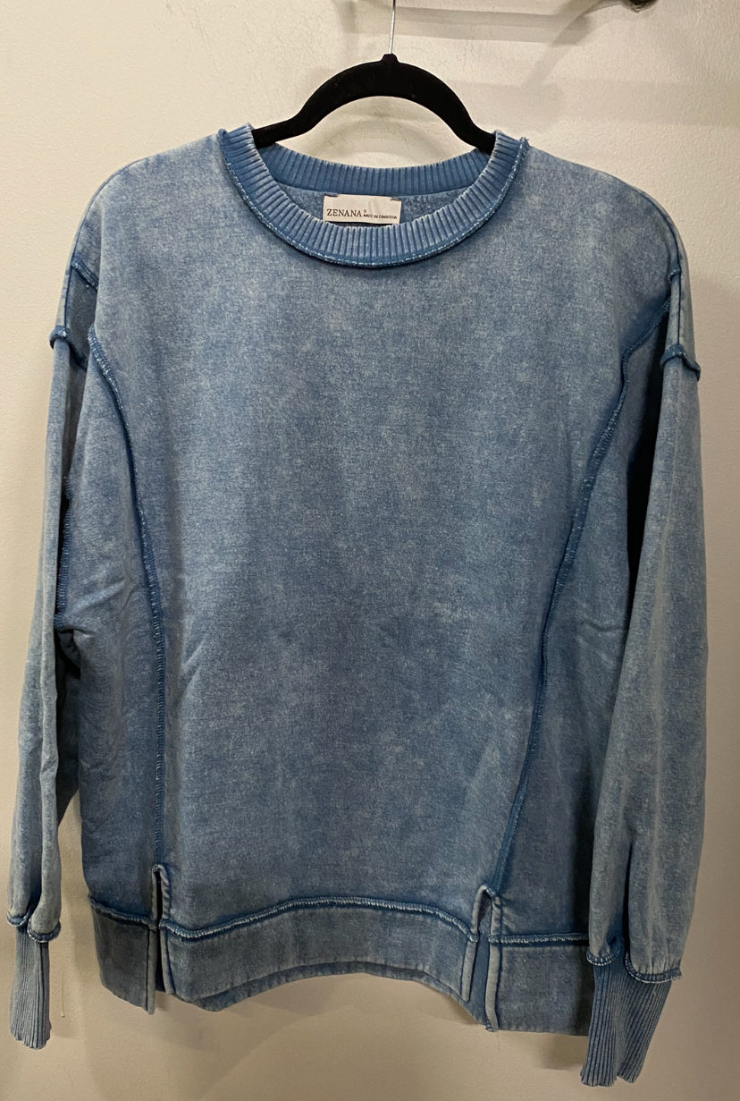 Zenana Acid Washed Exposed Hem Fleece Sweatshirt