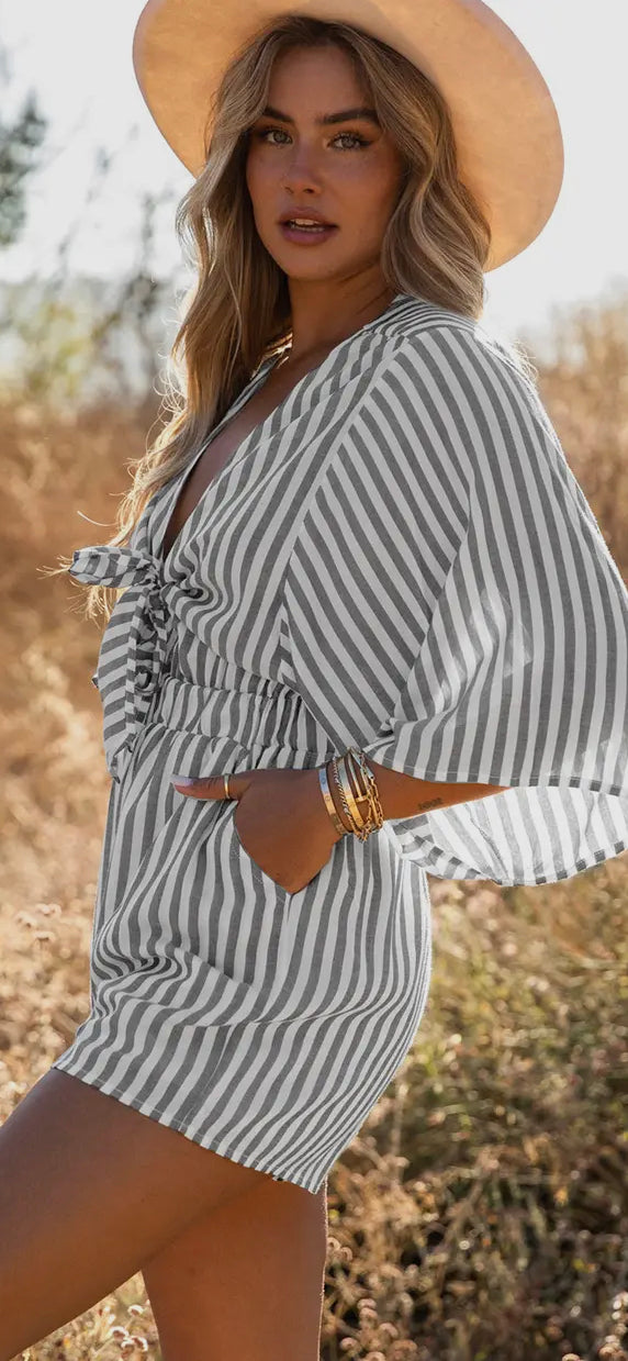 Gray Stripe Tie Front Romper