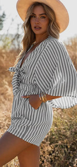 Load image into Gallery viewer, Gray Stripe Tie Front Romper
