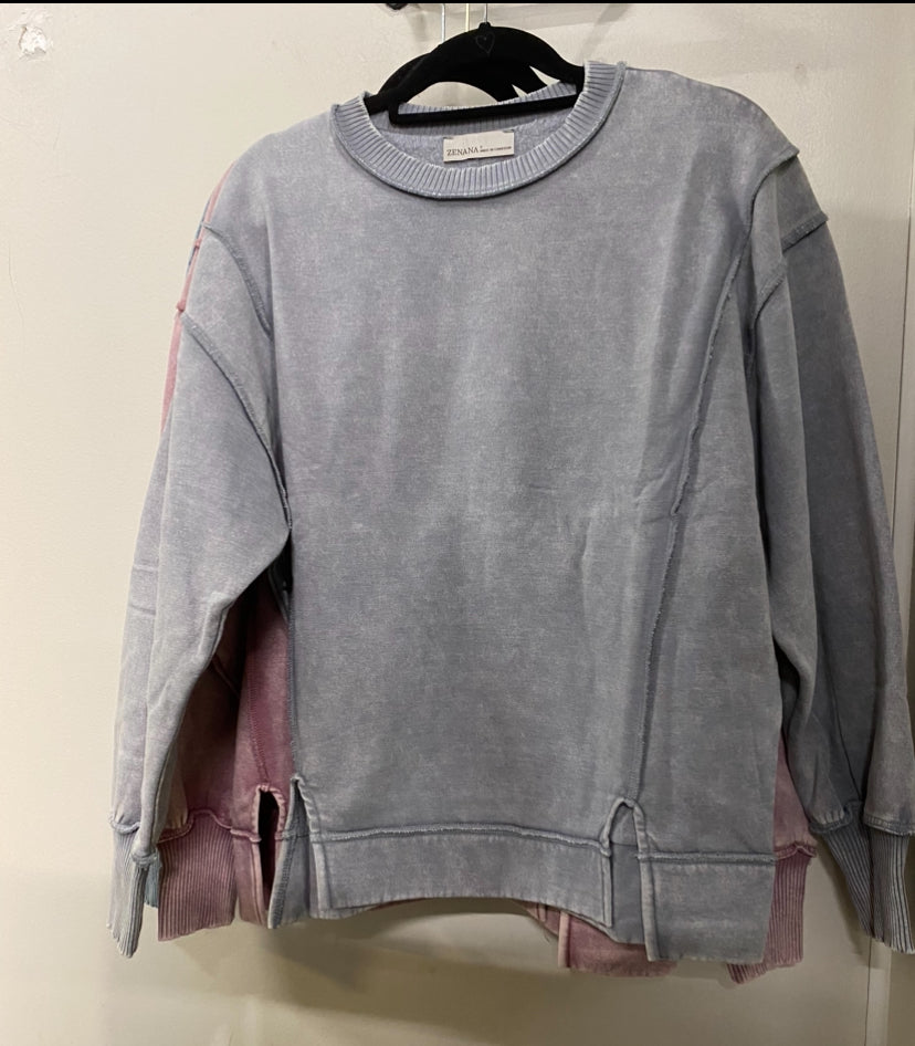 Zenana Acid Washed Exposed Hem Fleece Sweatshirt