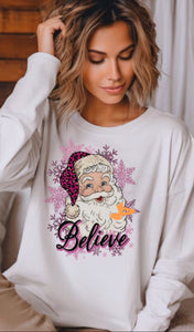 White w/ Pink Believe Santa Sweatshirt