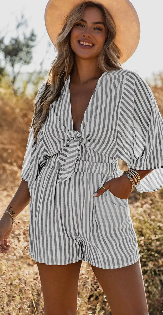 Gray Stripe Tie Front Romper