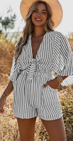 Load image into Gallery viewer, Gray Stripe Tie Front Romper
