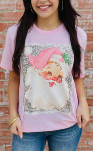 Pink Leopard Santa Christmas Graphic Tee