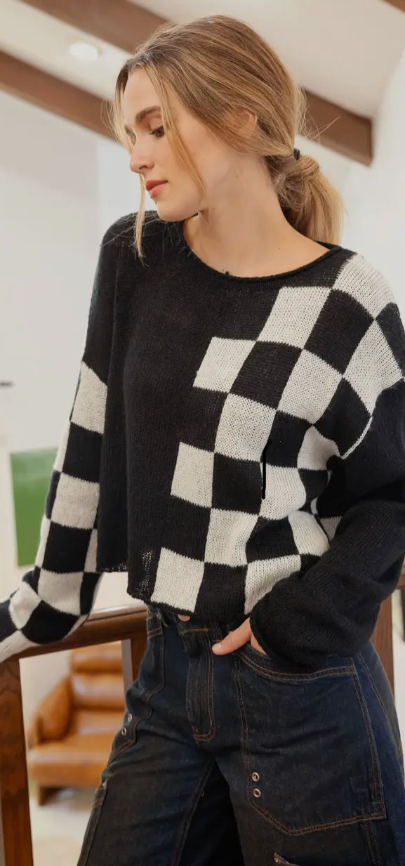 Blu Pepper Color-block Checkered Lightweight Sweater