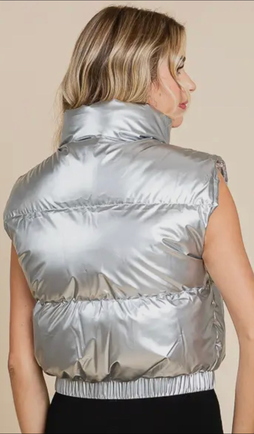 Silver Metallic Front Zipper Puffer Vest