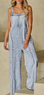 Load image into Gallery viewer, Light Wash Frayed Exposed Seam Wide Leg Denim Overalls

