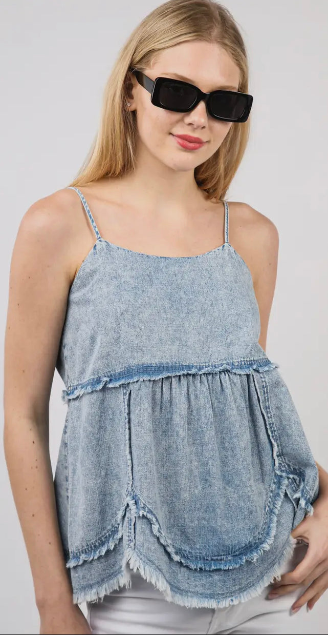 Very J Light Wash Denim Babydoll Top