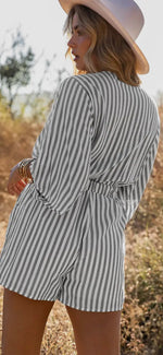 Load image into Gallery viewer, Gray Stripe Tie Front Romper
