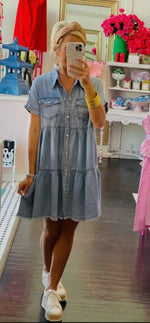 Load image into Gallery viewer, Tiered Denim Dress with Pearl Snap Button Front
