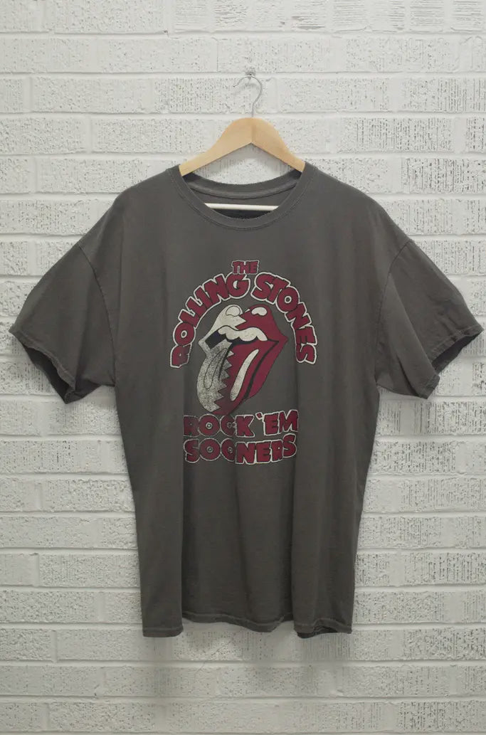 LivyLu Rolling Stones Rock Em Ou Sooners Charcoal Thrifted Tee *Licensed