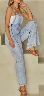 Load image into Gallery viewer, Light Wash Frayed Exposed Seam Wide Leg Denim Overalls
