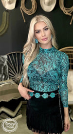 Load image into Gallery viewer, Sterling Kreek Tooled in Turquoise Sheer Top
