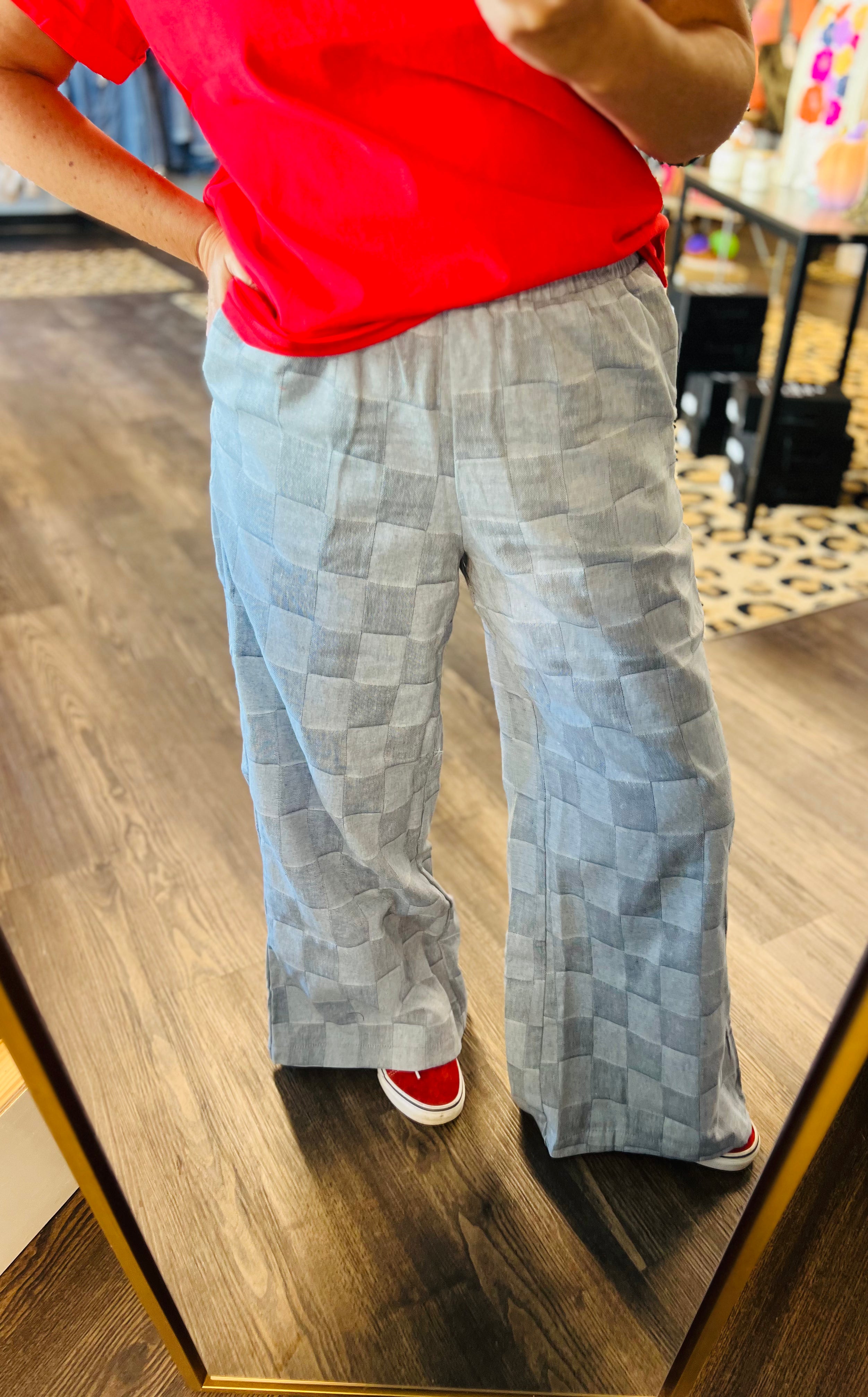 Checkered Wide Leg Chambray Pants