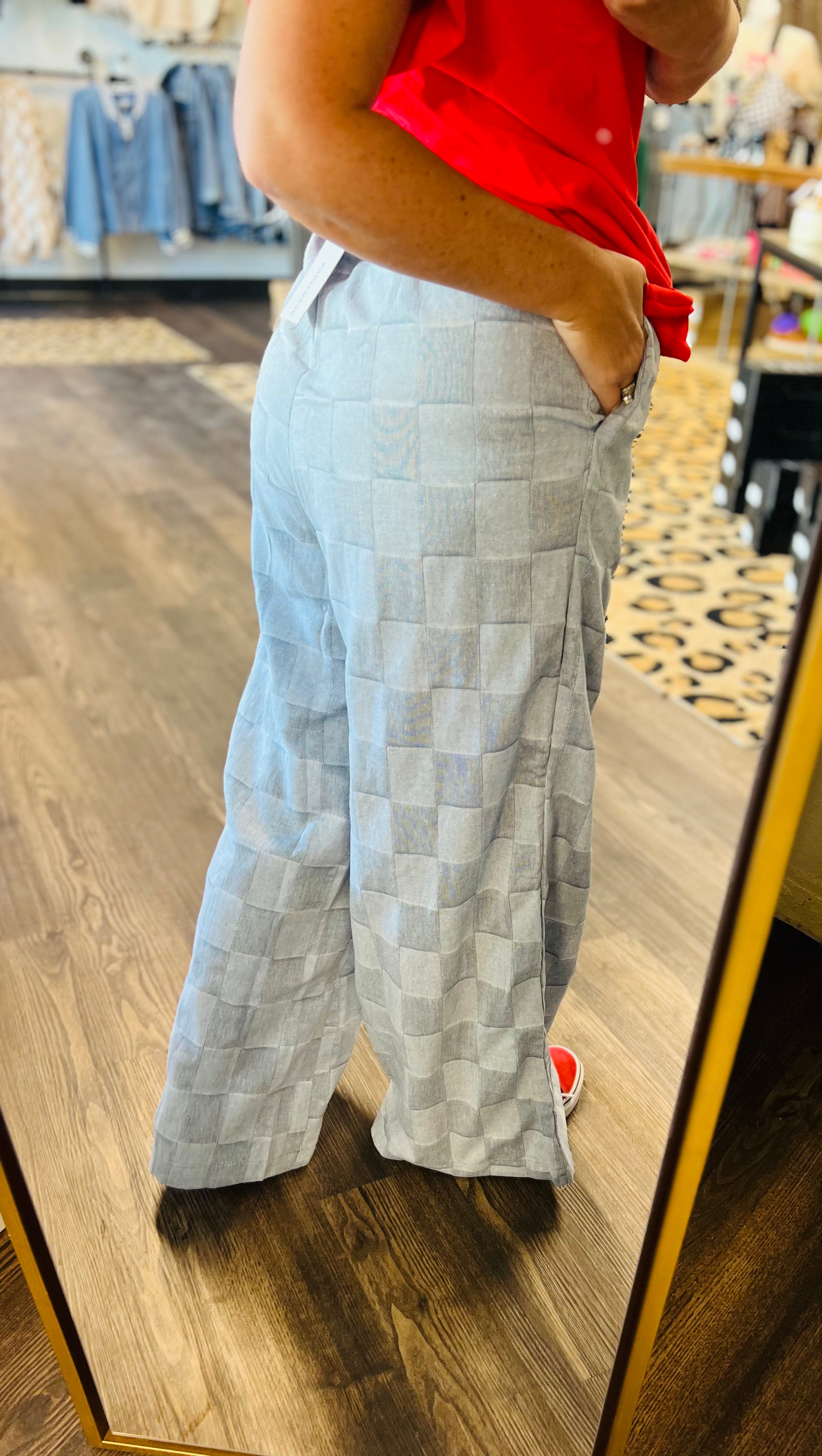 Checkered Wide Leg Chambray Pants