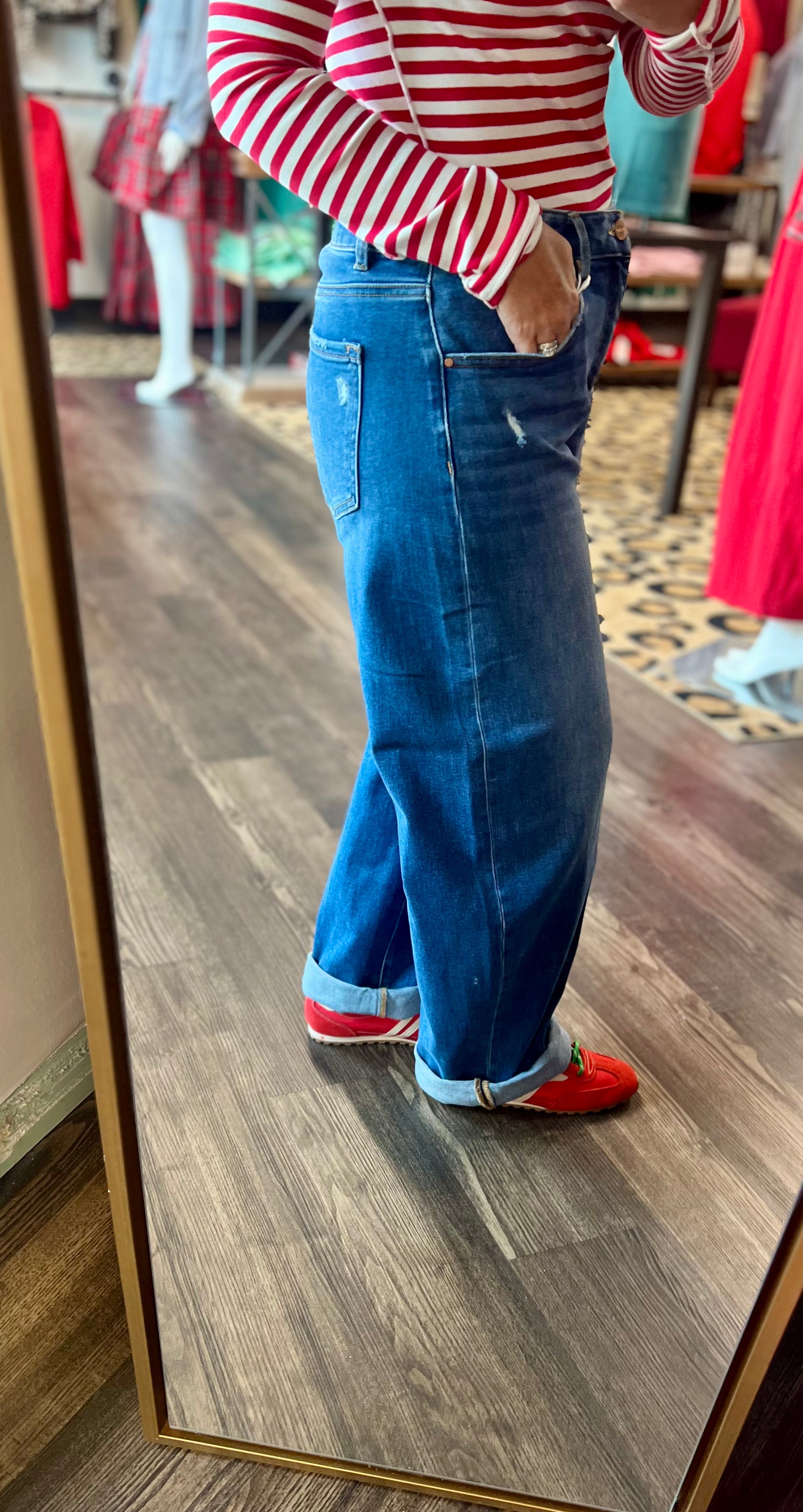 Risen Mid Rise Double Cuffed Barrel Denim