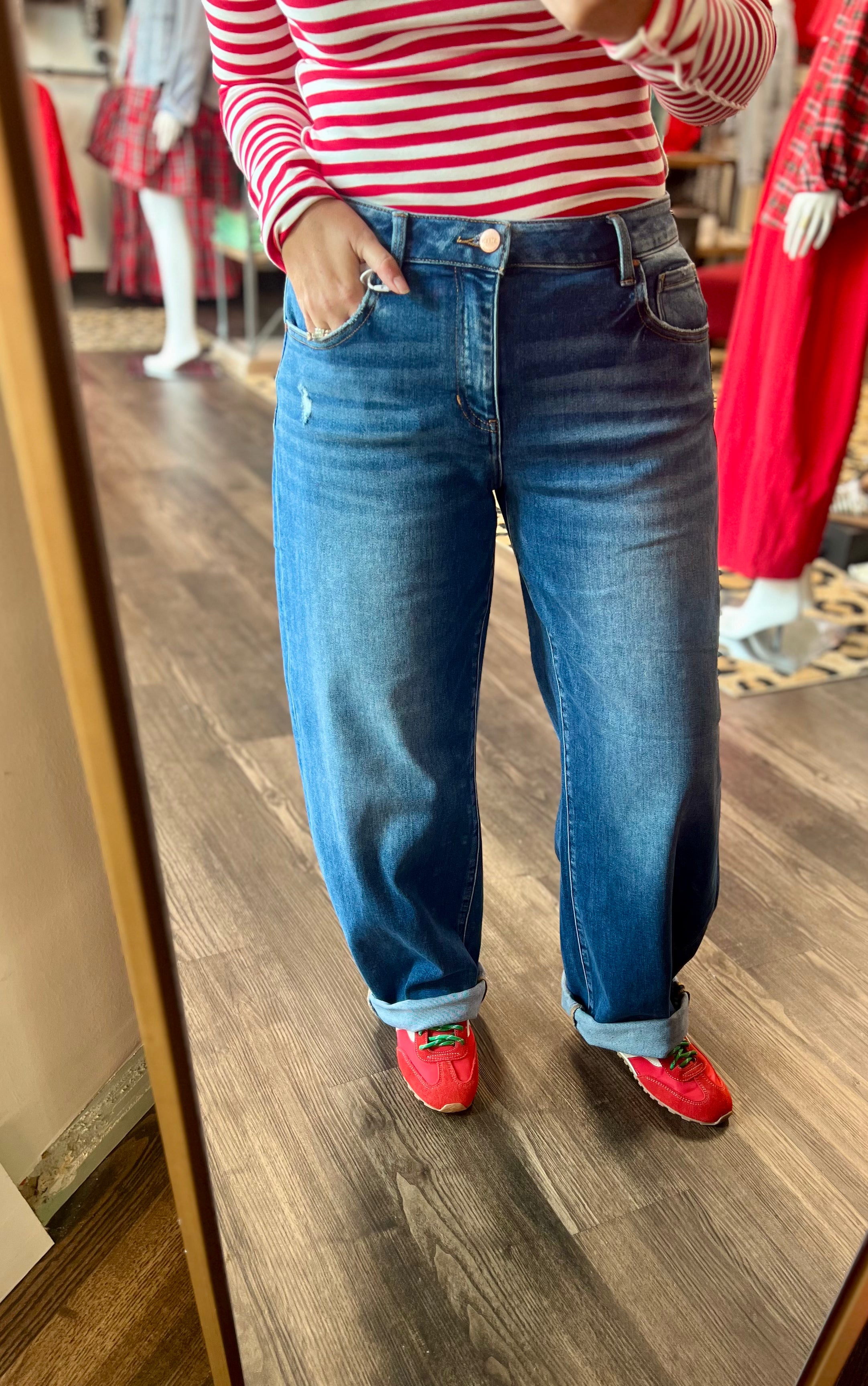 Risen Mid Rise Double Cuffed Barrel Denim