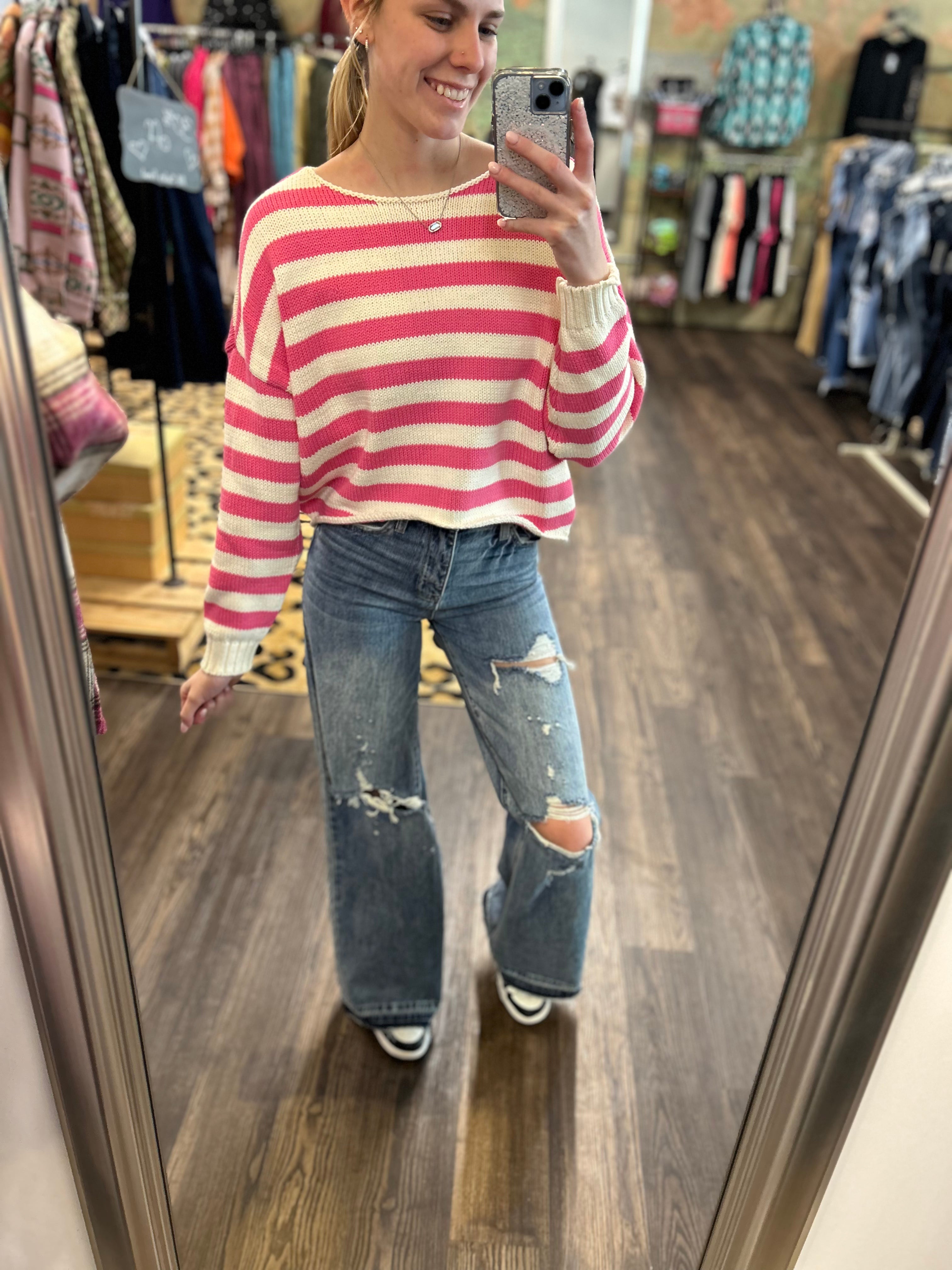 Striped Long Sleeve Knit Pullover Sweater Pink or Blue
