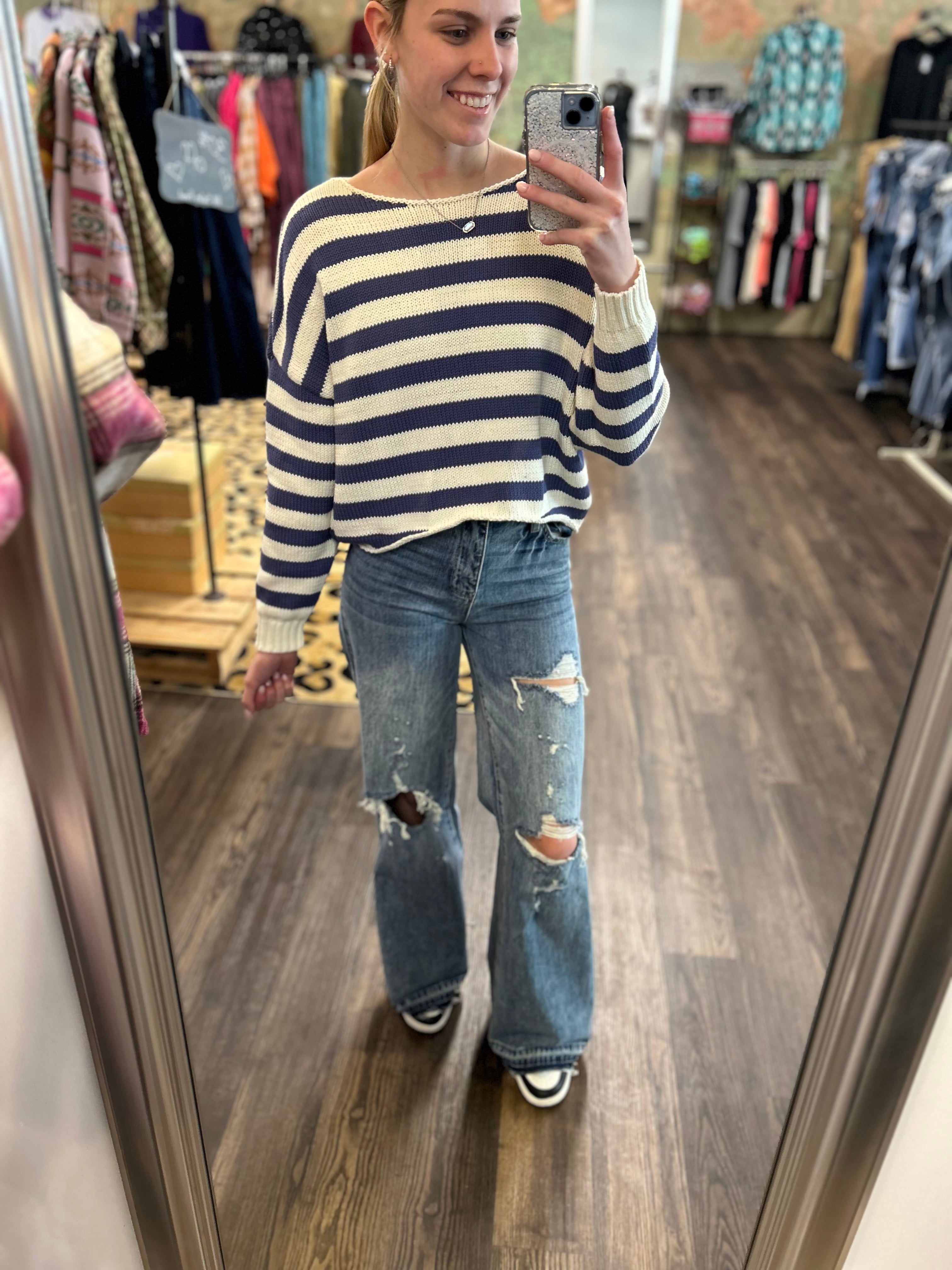Striped Long Sleeve Knit Pullover Sweater Pink or Blue