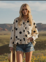 Load image into Gallery viewer, Polka Dot Ruffle Hem Long Sleeve Shirt
