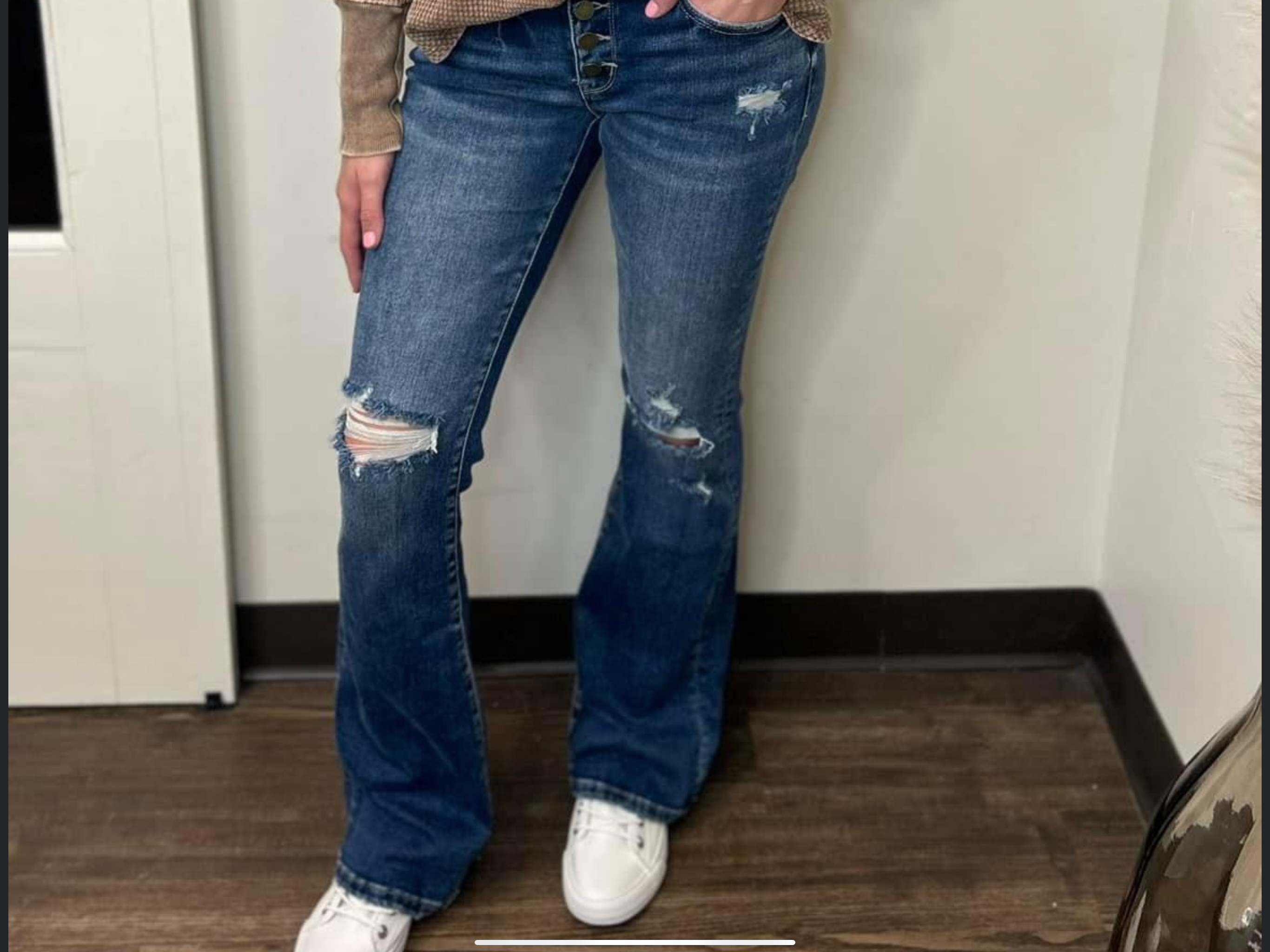 Petra153 Button Up Distressed Low Rise Stretch Flare