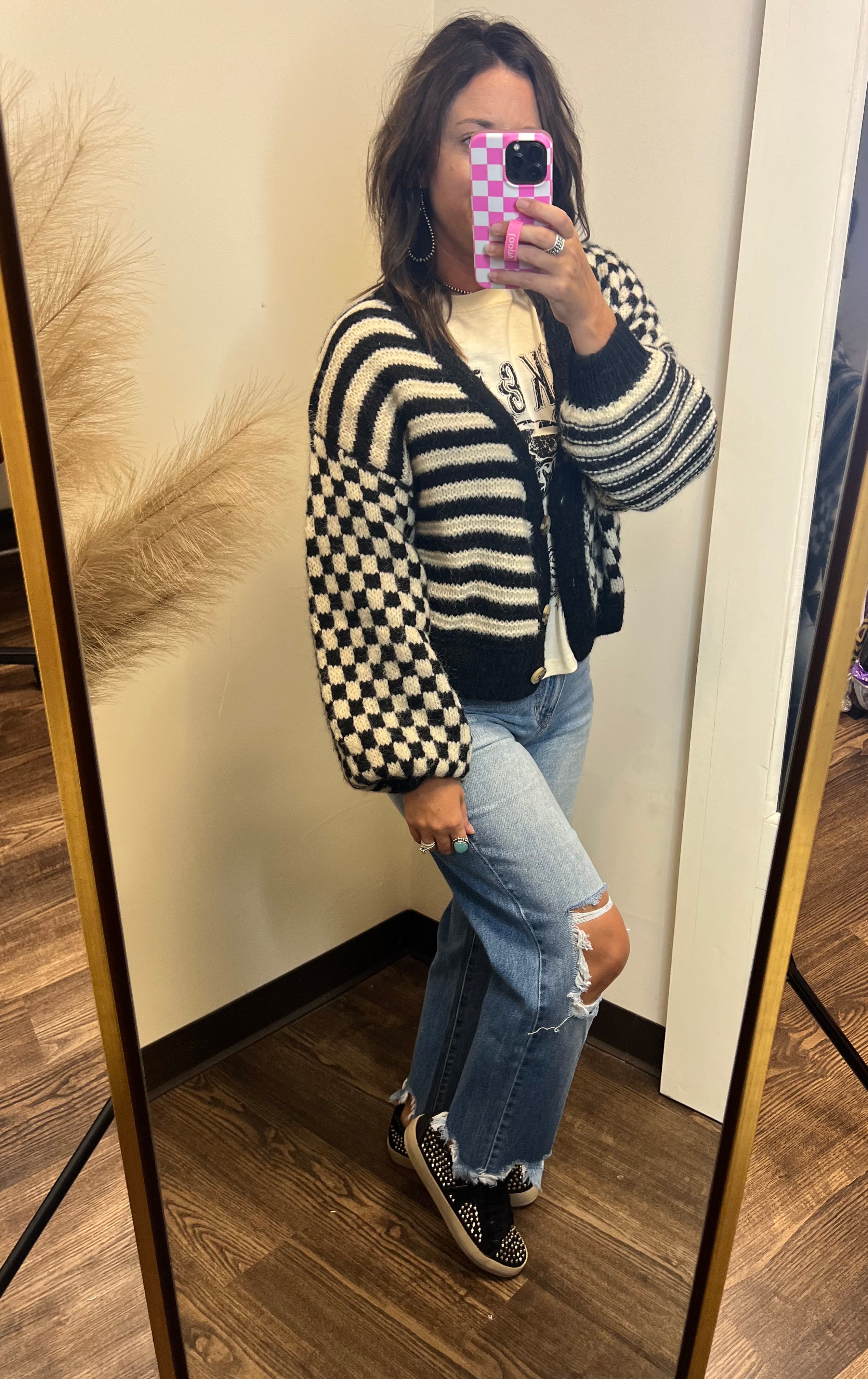 Checkered and Striped Cropped Cardigan