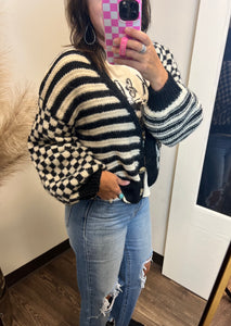 Checkered and Striped Cropped Cardigan