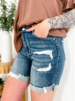 Load image into Gallery viewer, Risen Medium Wash Distressed Highrise Cuffed Short

