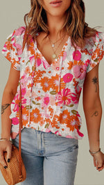 Load image into Gallery viewer, Split V-Neck Ruffle Sleeve Floral Blouse
