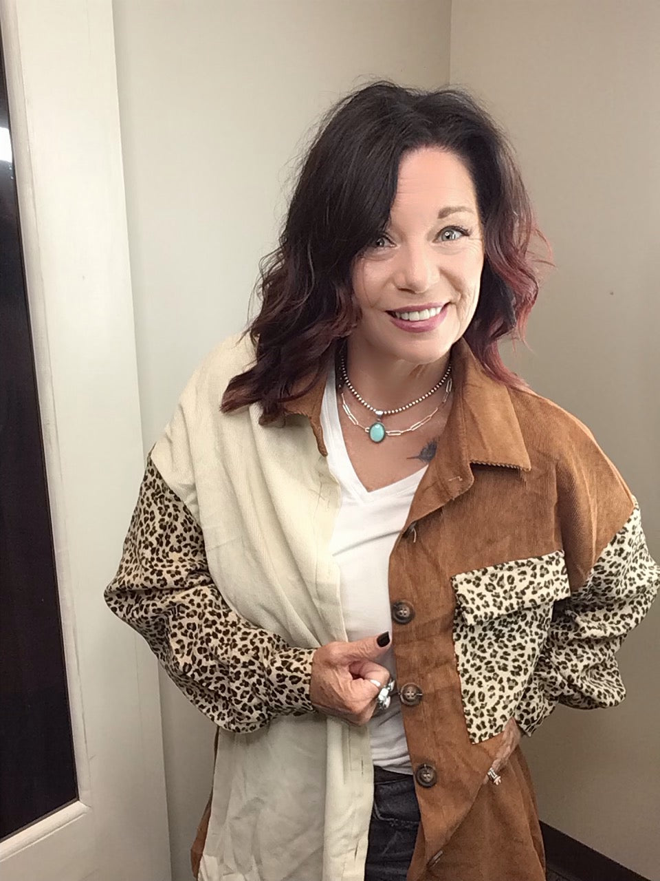 Leopard Corduroy Color Block Top