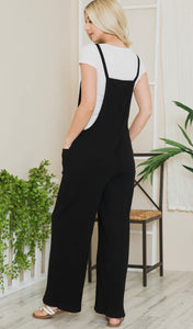 Wide Leg Cotton Ribbed Overalls w/ Pockets