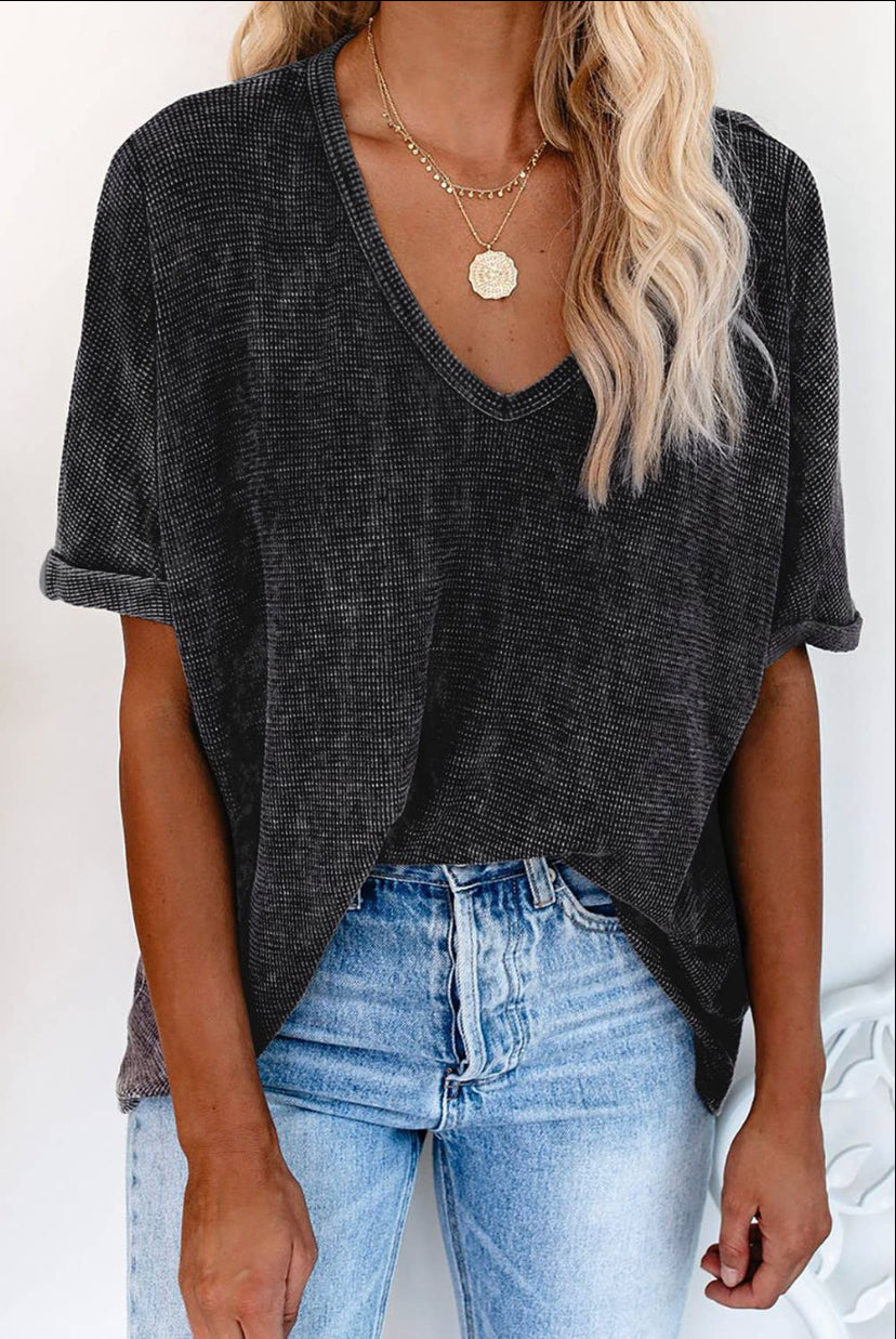 Gray High-Low Waffle V-Neck Top