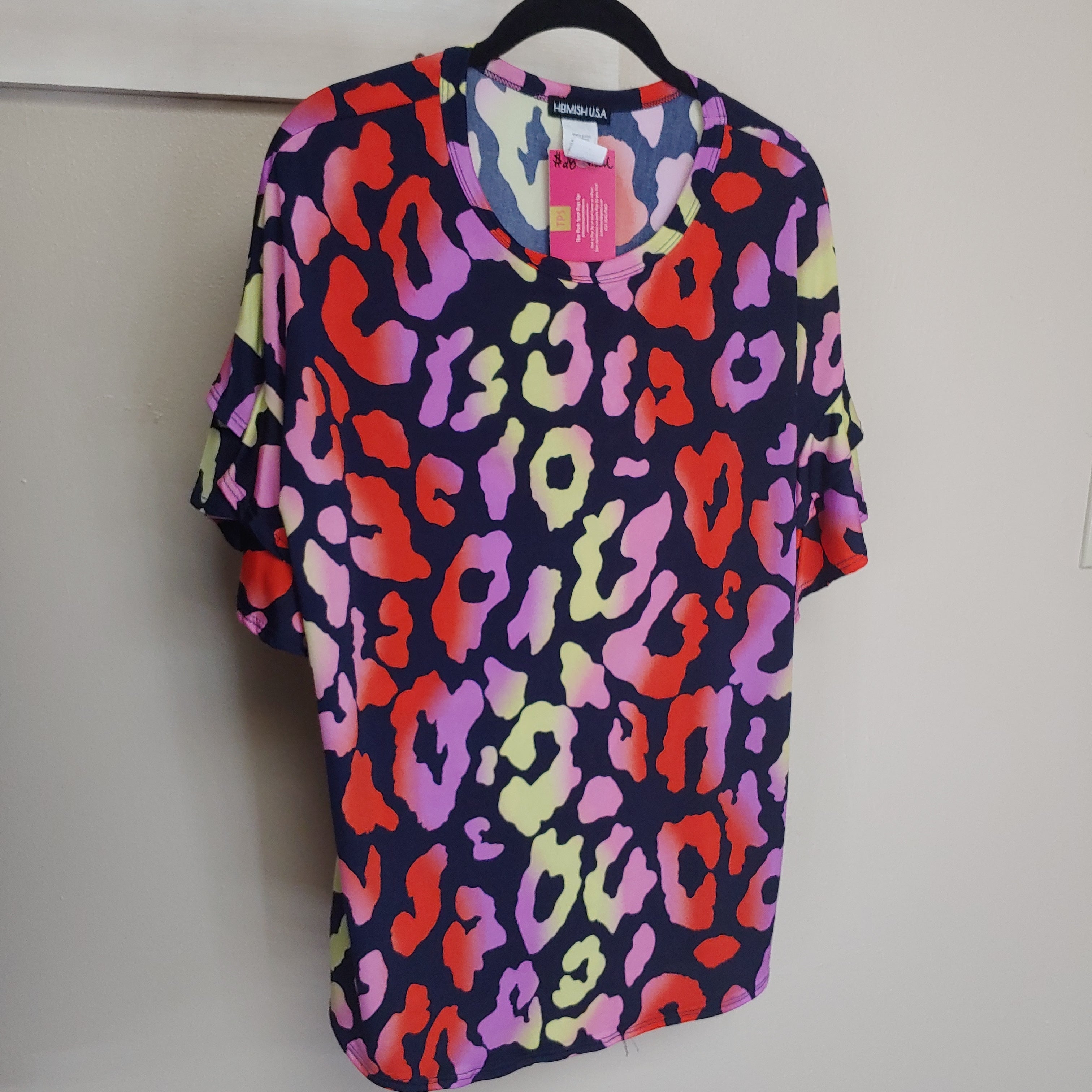 Sleek Multicolor Yellow Red Purple Leopard Top Ruffle Sleeve Top