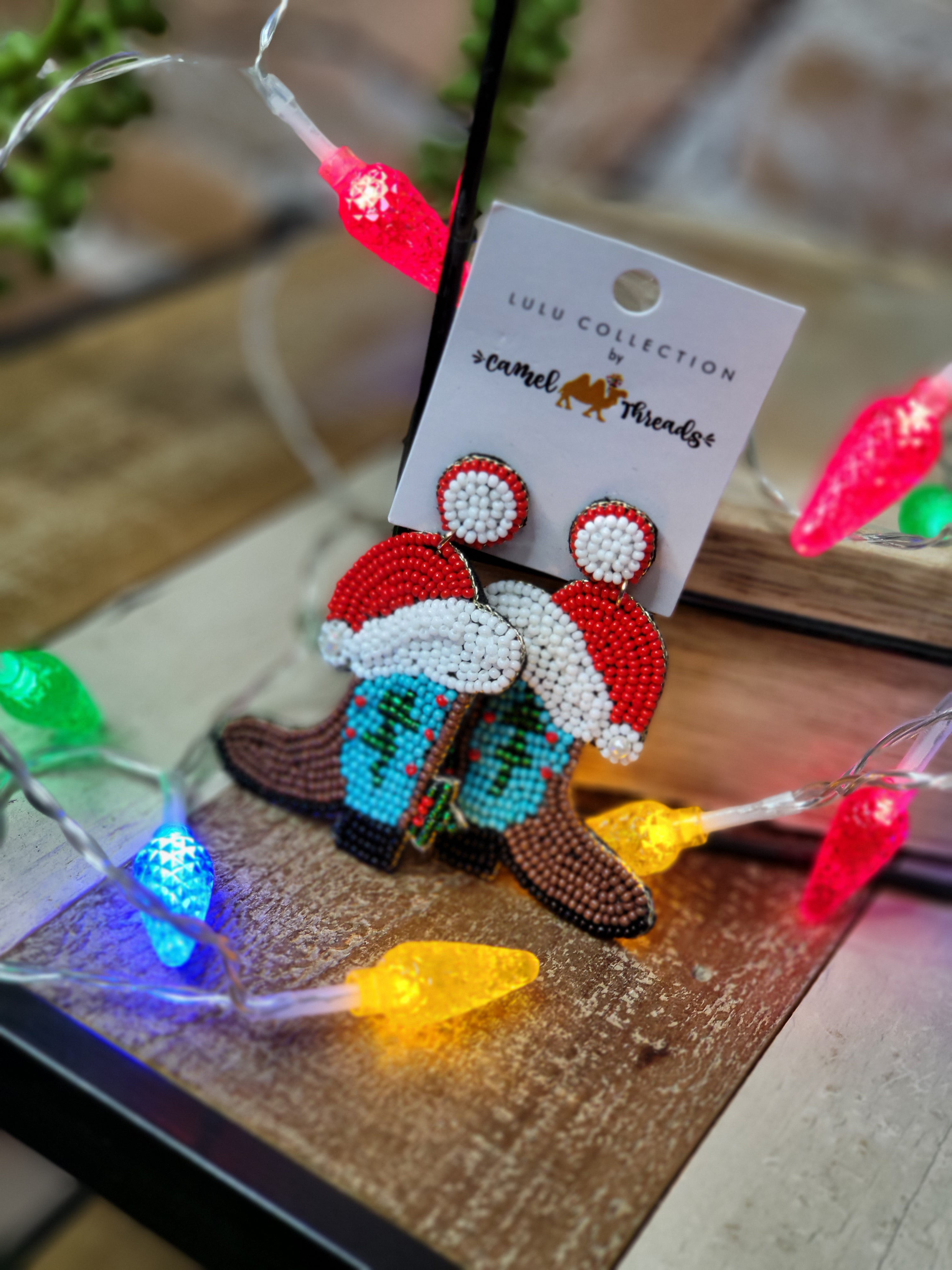 Beaded Santa Cowboy Boots Earrings - Lulu Collection By Camel Threads