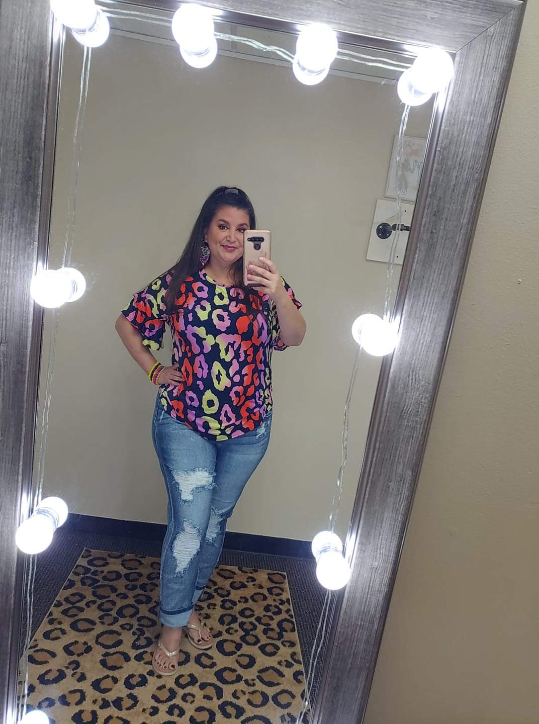 Sleek Multicolor Yellow Red Purple Leopard Top Ruffle Sleeve Top