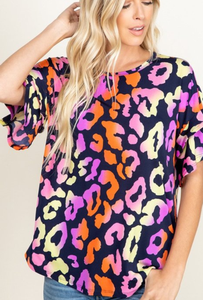 Sleek Multicolor Yellow Red Purple Leopard Top Ruffle Sleeve Top