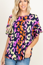 Load image into Gallery viewer, Sleek Multicolor Yellow Red Purple Leopard Top Ruffle Sleeve Top
